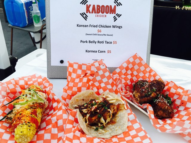 Kaboom Chicken's Wings, Pork Belly Roti Taco and Kornea Corn